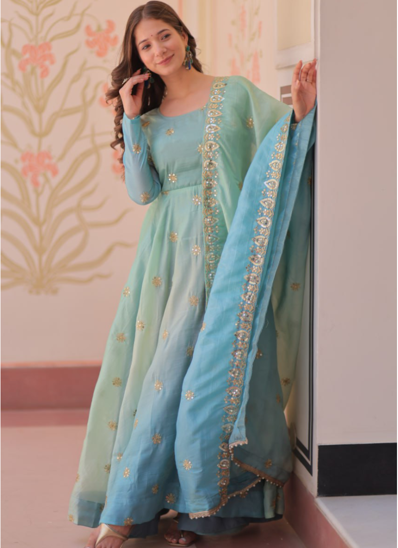 Latest Organza Blue Sequence Work Umbrella Cut Anarkali With Dupatta