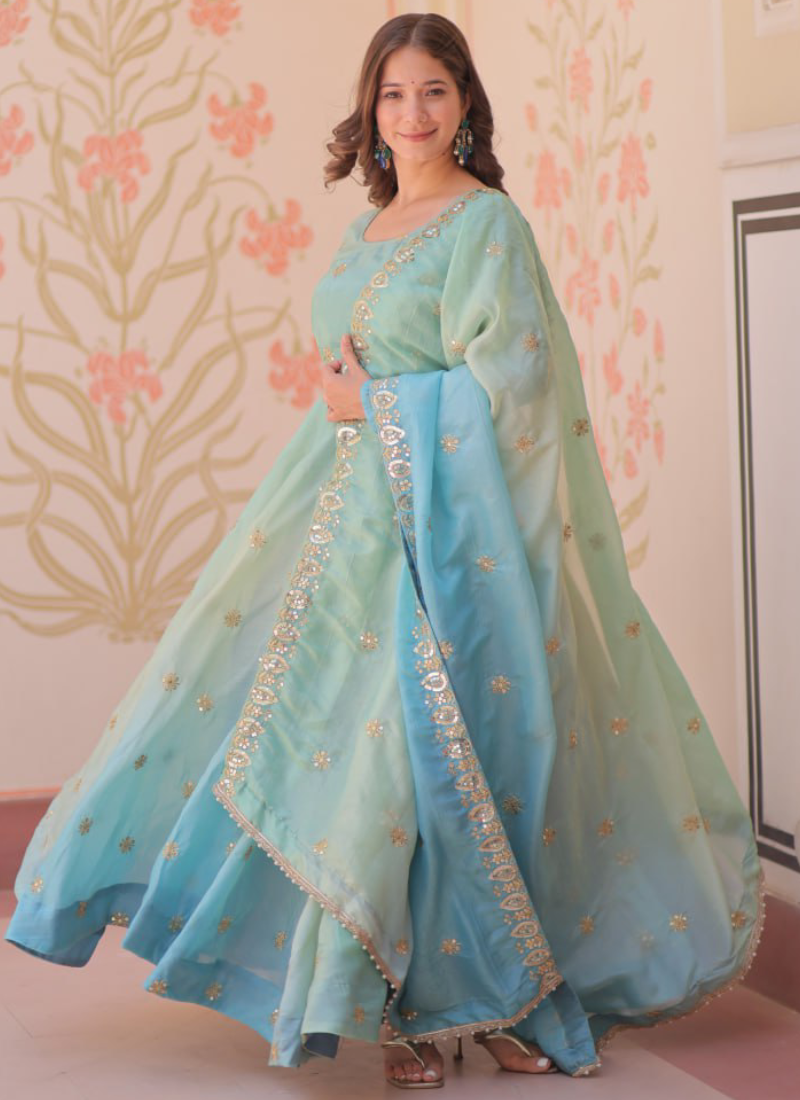 Latest Organza Blue Sequence Work Umbrella Cut Anarkali With Dupatta