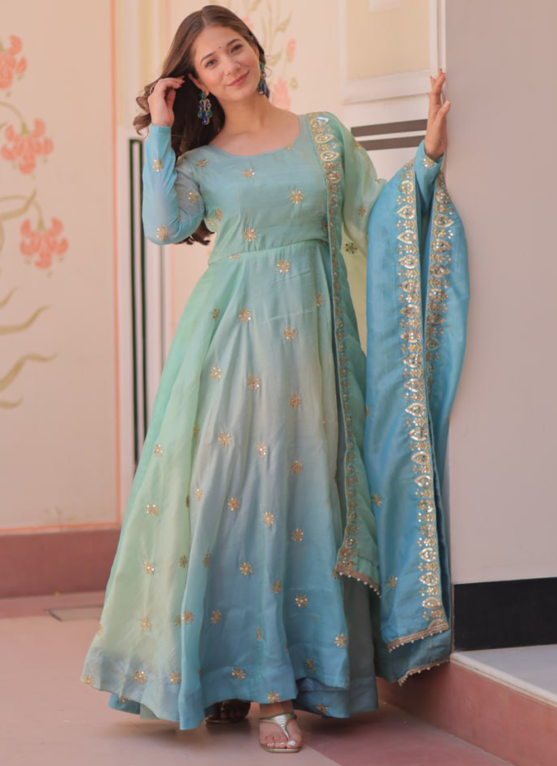 Latest Organza Blue Sequence Work Umbrella Cut Anarkali With Dupatta