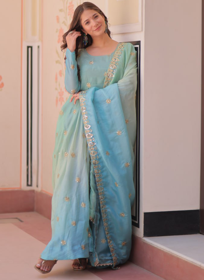 Latest Organza Blue Sequence Work Umbrella Cut Anarkali With Dupatta