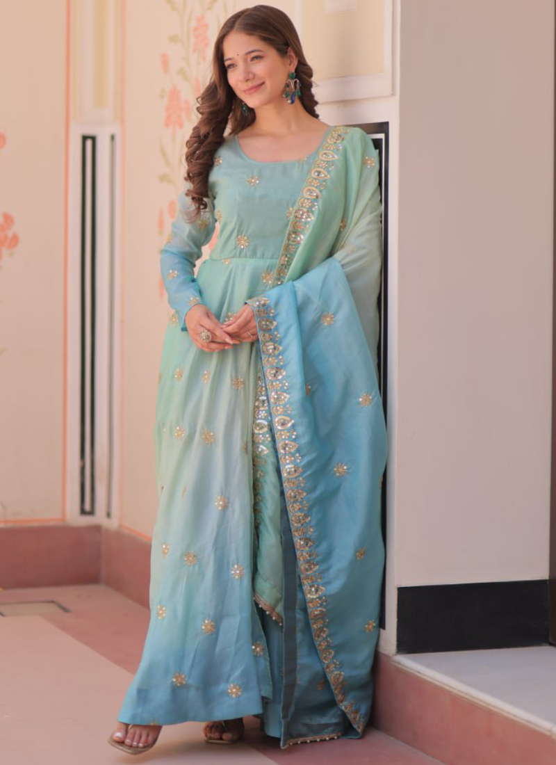 Latest Organza Blue Sequence Work Umbrella Cut Anarkali With Dupatta