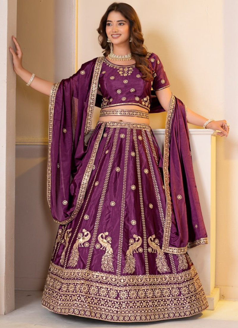 Latest Purple Chinon Silk Zari Embroidered Wedding Wear Lehenga Choli