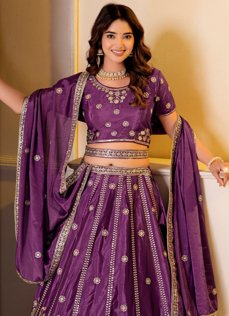 Latest Purple Chinon Silk Zari Embroidered Wedding Wear Lehenga Choli