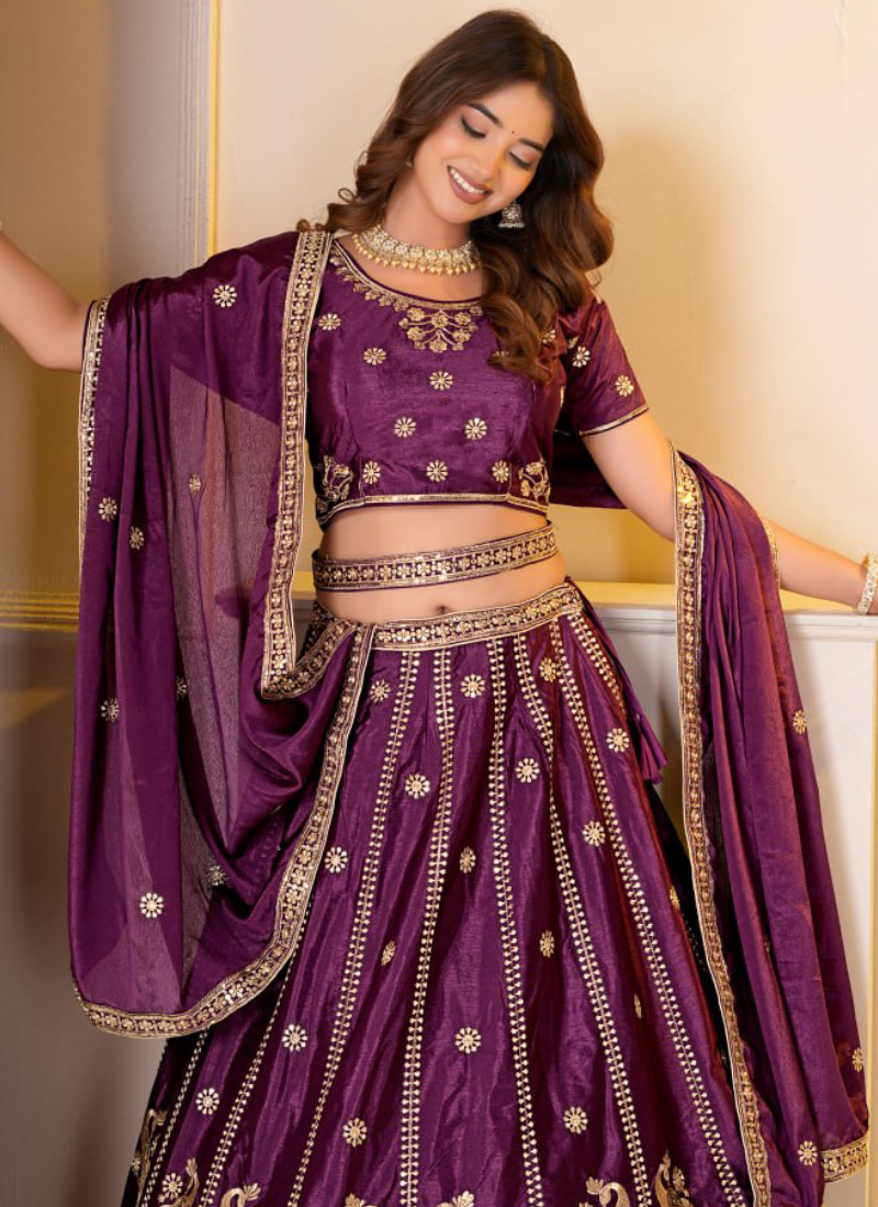 Latest Purple Chinon Silk Zari Embroidered Wedding Wear Lehenga Choli