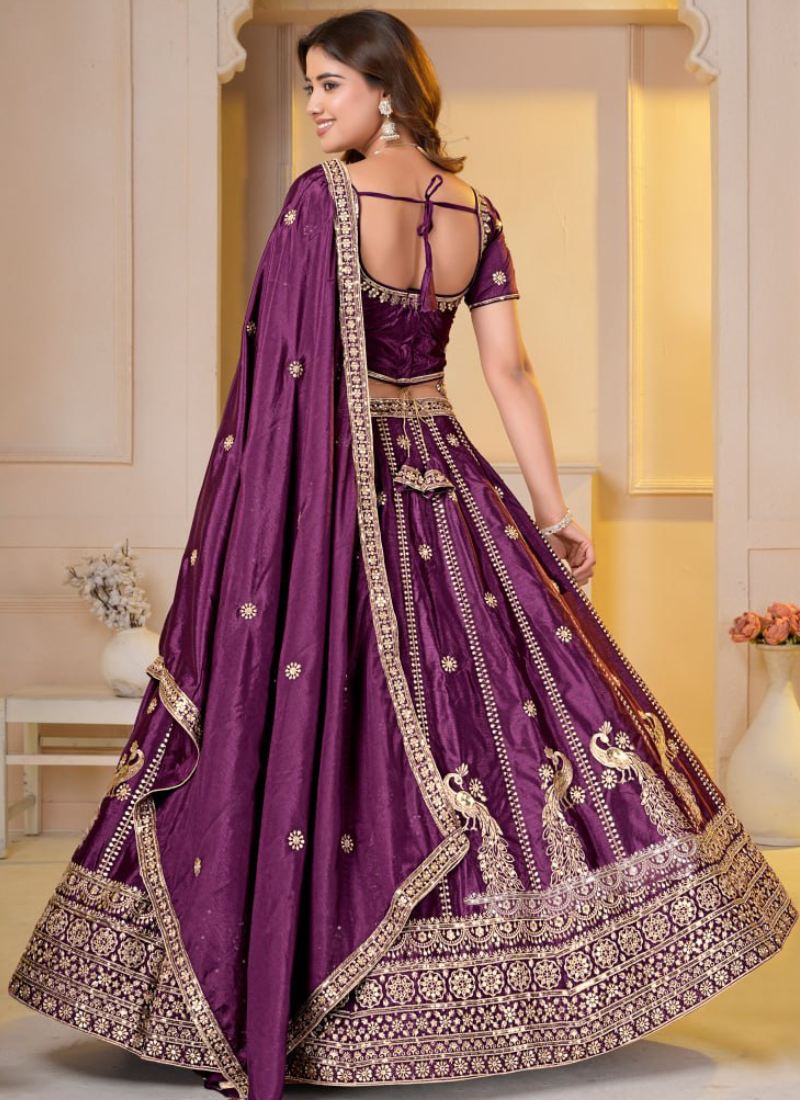 Latest Purple Chinon Silk Zari Embroidered Wedding Wear Lehenga Choli