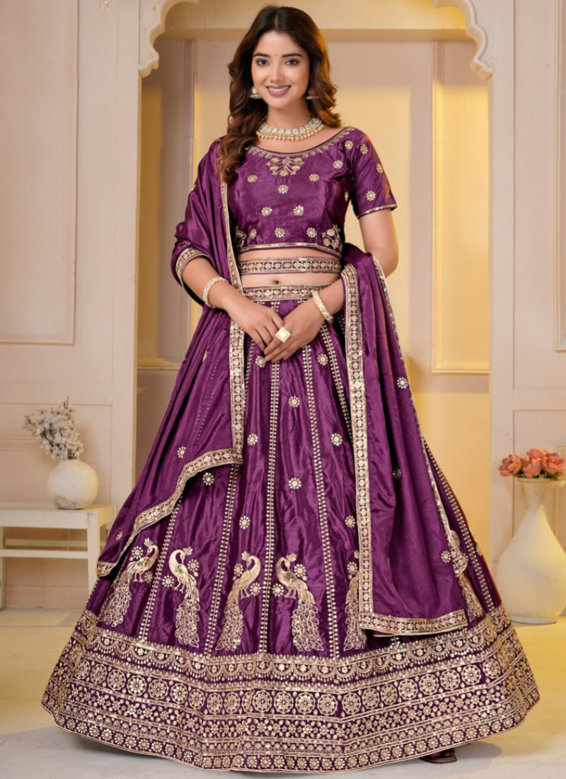 Latest Purple Chinon Silk Zari Embroidered Wedding Wear Lehenga Choli