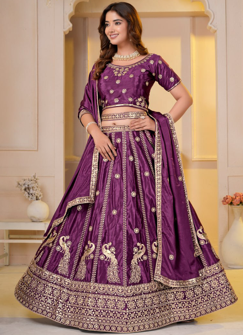 Latest Purple Chinon Silk Zari Embroidered Wedding Wear Lehenga Choli
