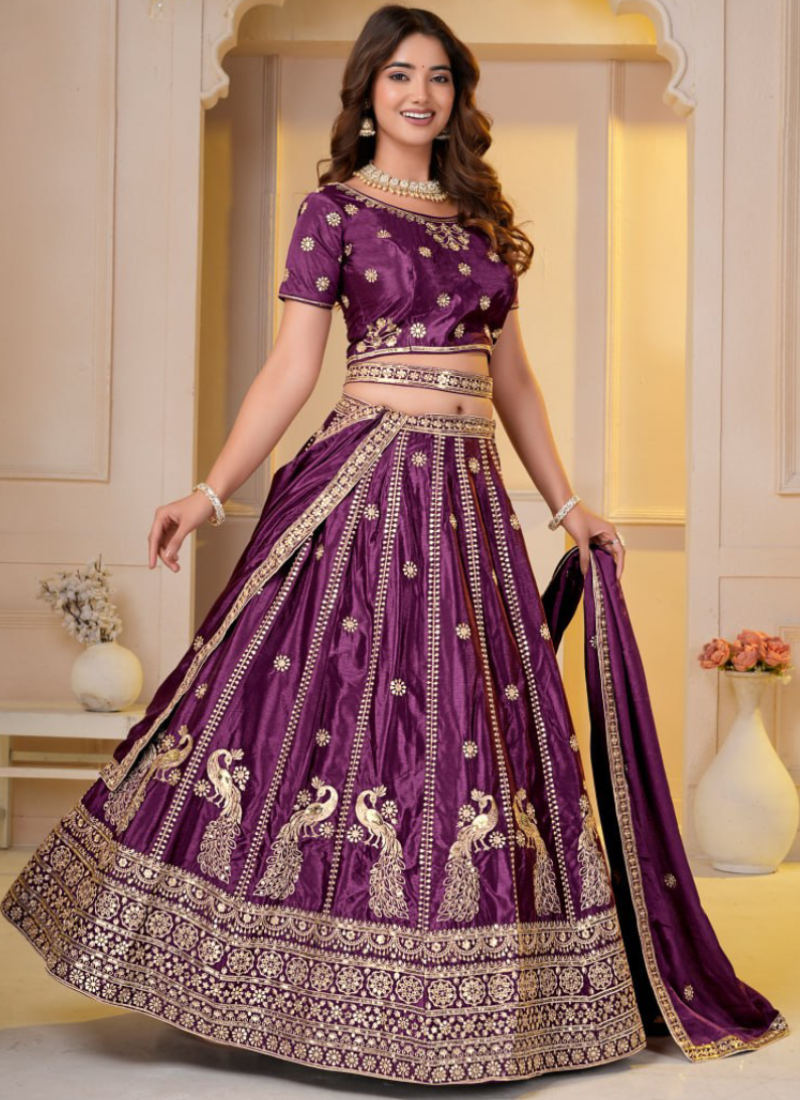 Latest Purple Chinon Silk Zari Embroidered Wedding Wear Lehenga Choli