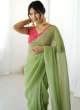 Latest Ready To Wear Pista Green Silk Saree With Banarasi Silk Blouse