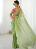 Latest Ready To Wear Pista Green Silk Saree With Banarasi Silk Blouse