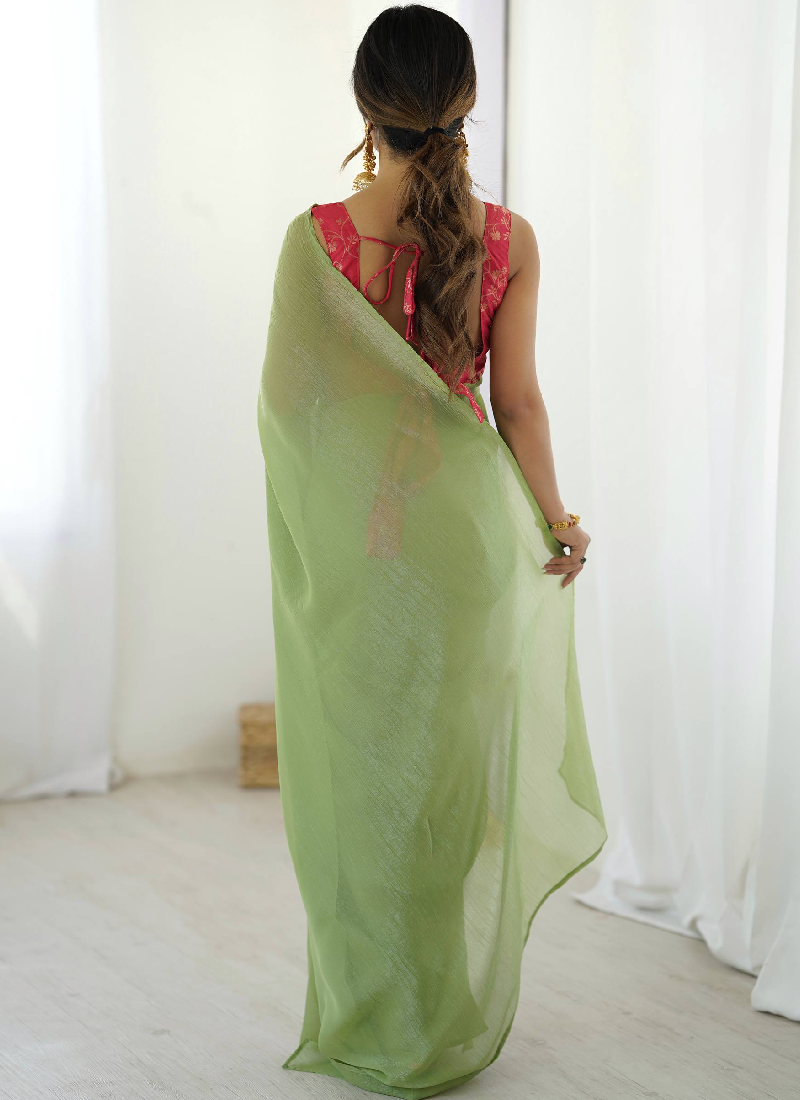 Latest Ready To Wear Pista Green Silk Saree With Banarasi Silk Blouse