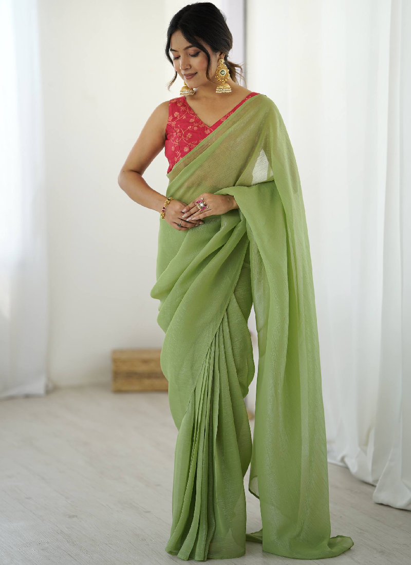 Latest Ready To Wear Pista Green Silk Saree With Banarasi Silk Blouse