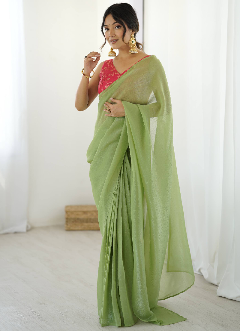Latest Ready To Wear Pista Green Silk Saree With Banarasi Silk Blouse
