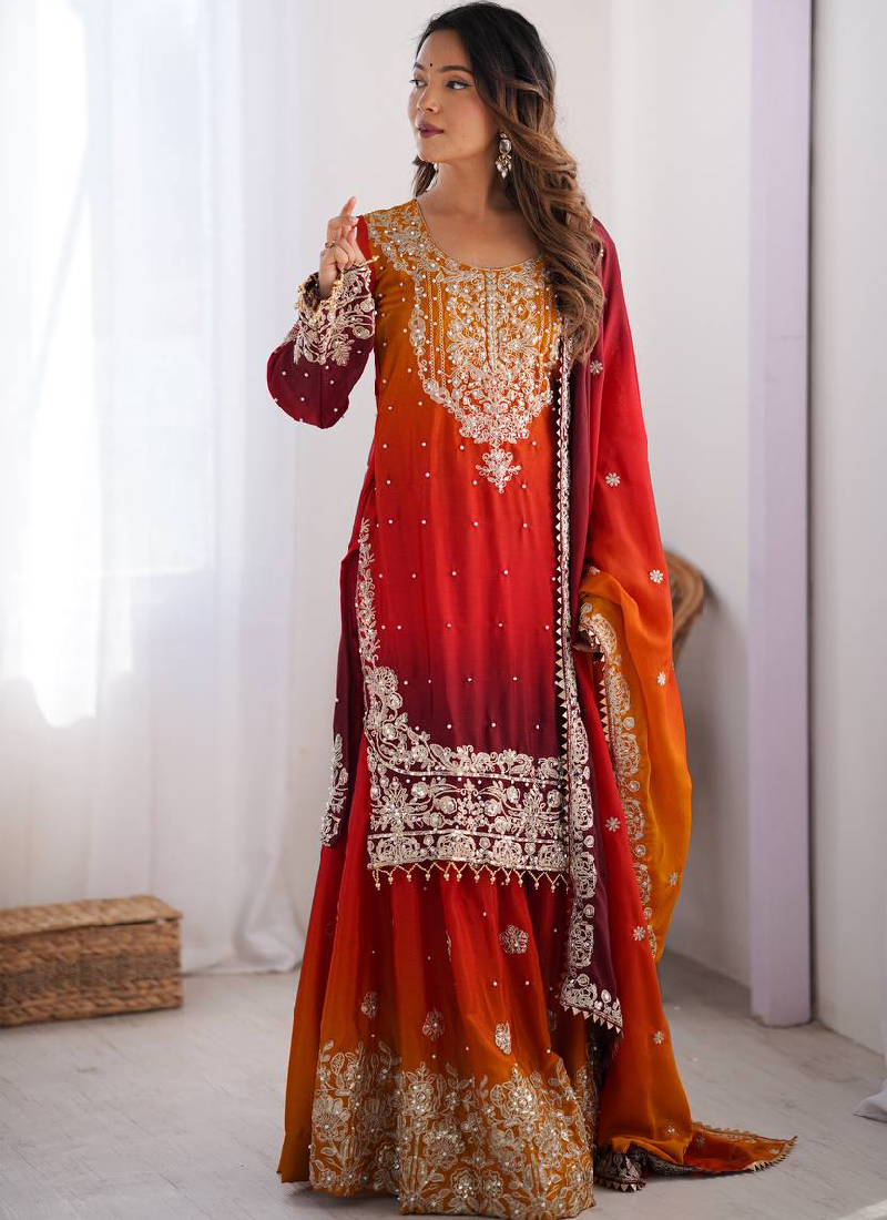 Latest Red Coding Embroidered Work Silk Salwar Kameez For Women