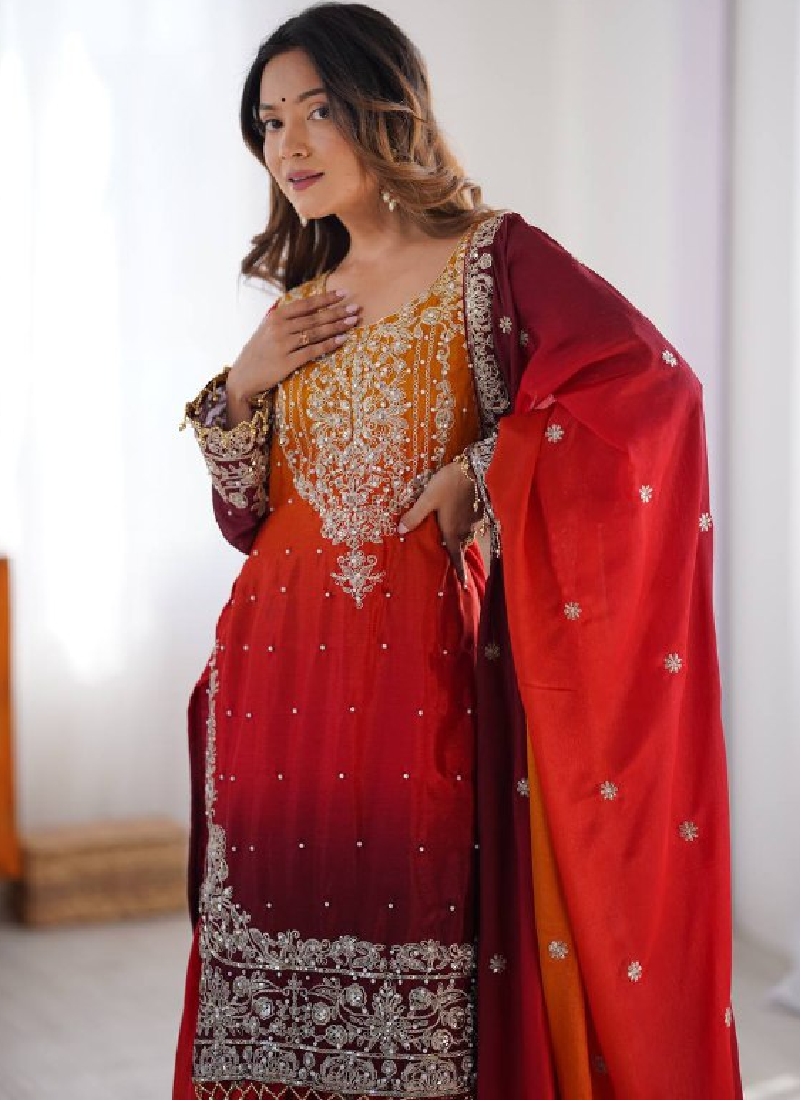 Latest Red Coding Embroidered Work Silk Salwar Kameez For Women