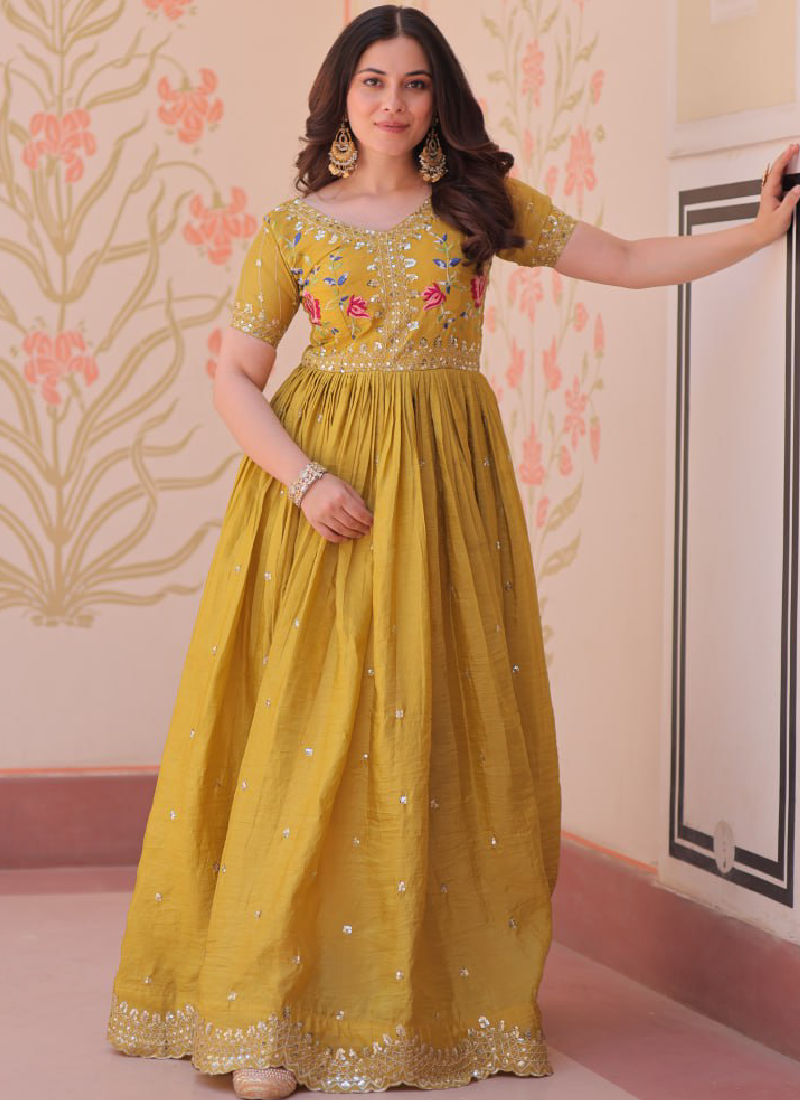 Latest Sequence Embroidered Tissue Silk Haldi Special Yellow Gown