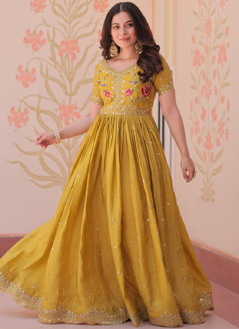 Latest Sequence Embroidered Tissue Silk Haldi Special Yellow Gown