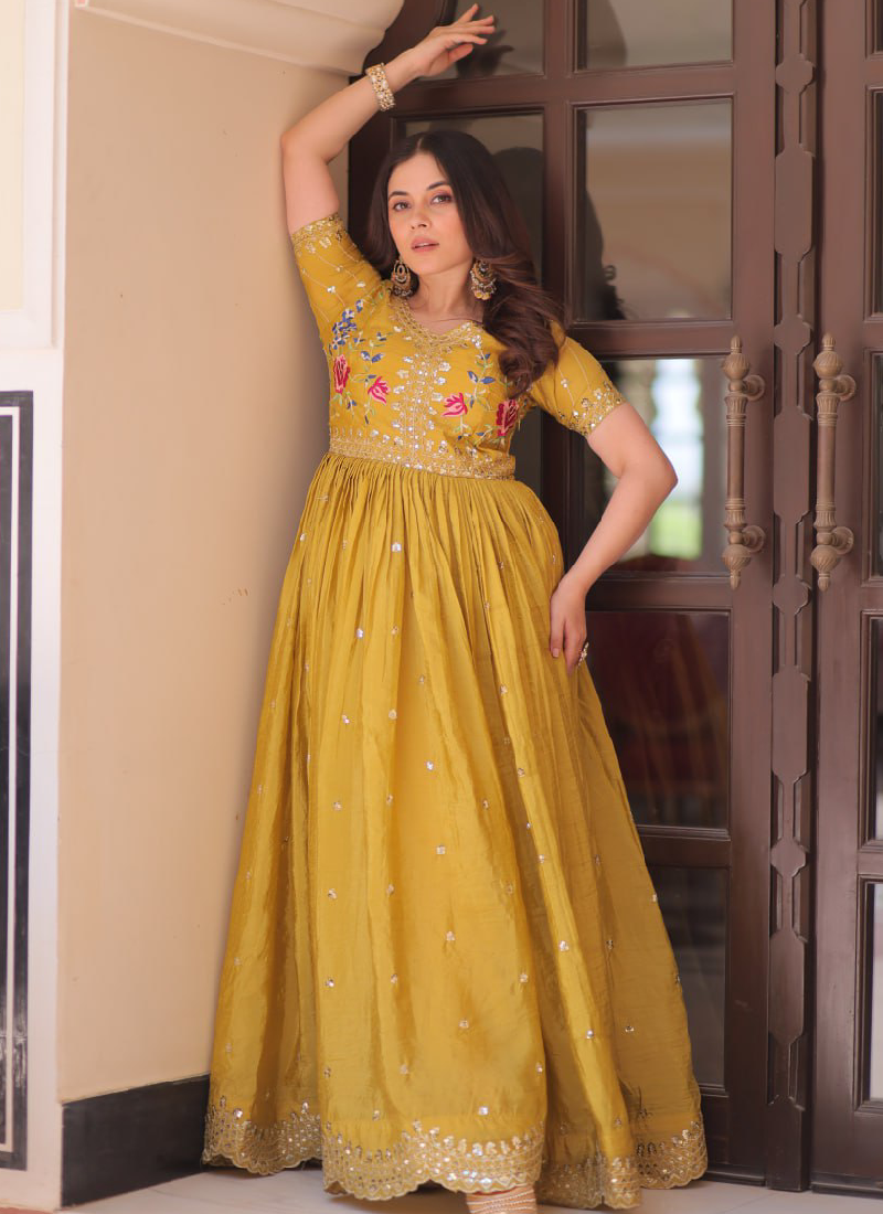 Latest Sequence Embroidered Tissue Silk Haldi Special Yellow Gown