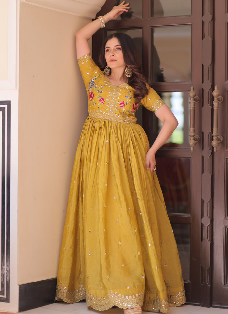 Latest Sequence Embroidered Tissue Silk Haldi Special Yellow Gown