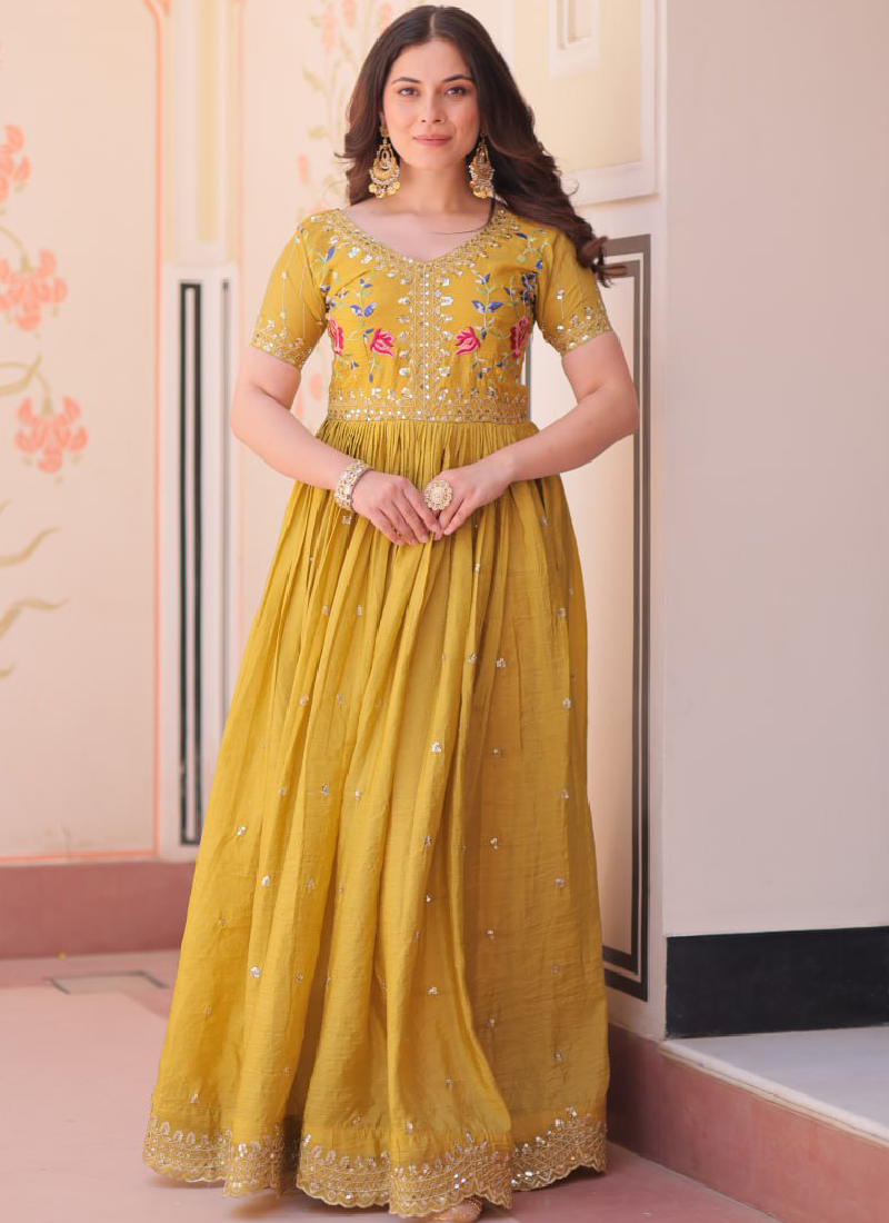 Latest Sequence Embroidered Tissue Silk Haldi Special Yellow Gown