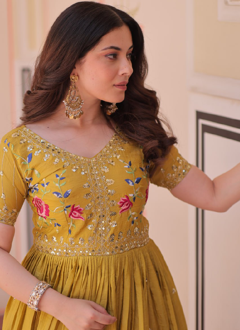 Latest Sequence Embroidered Tissue Silk Haldi Special Yellow Gown