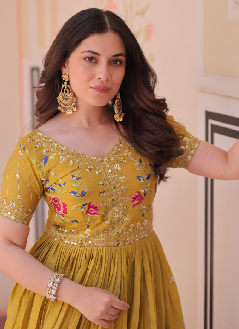 Latest Sequence Embroidered Tissue Silk Haldi Special Yellow Gown