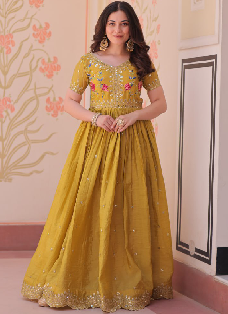 Latest Sequence Embroidered Tissue Silk Haldi Special Yellow Gown