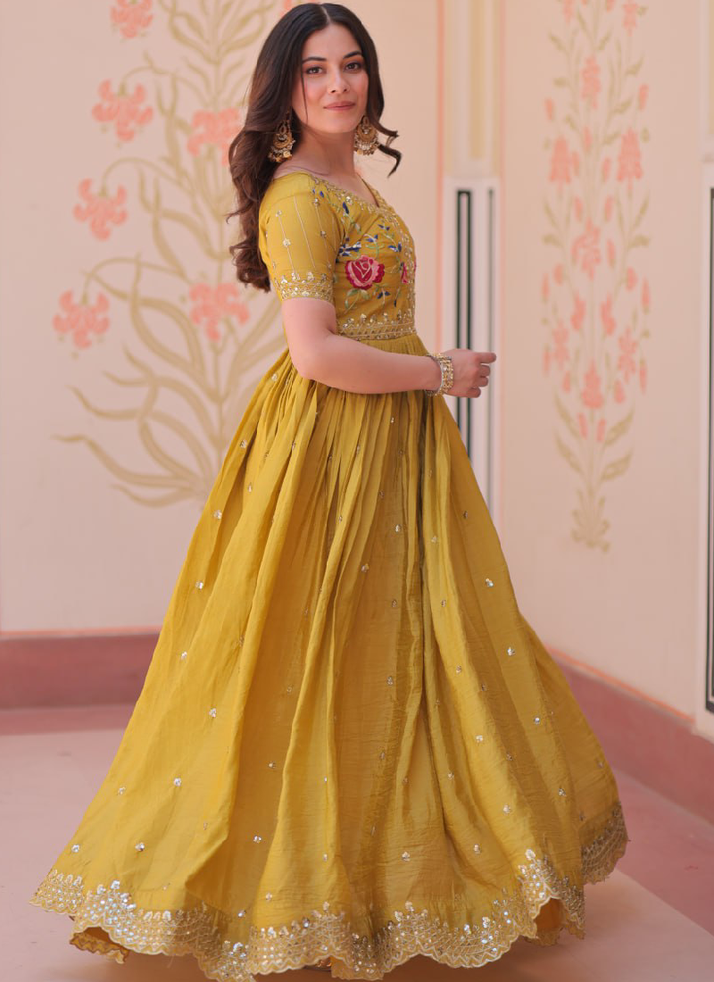 Latest Sequence Embroidered Tissue Silk Haldi Special Yellow Gown