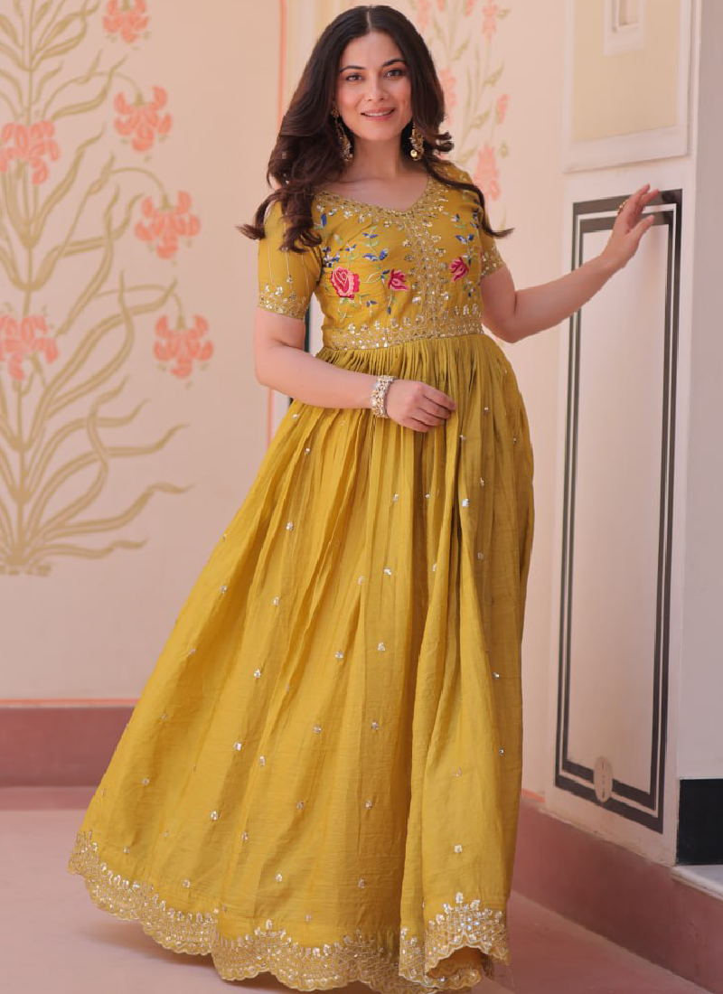 Latest Sequence Embroidered Tissue Silk Haldi Special Yellow Gown