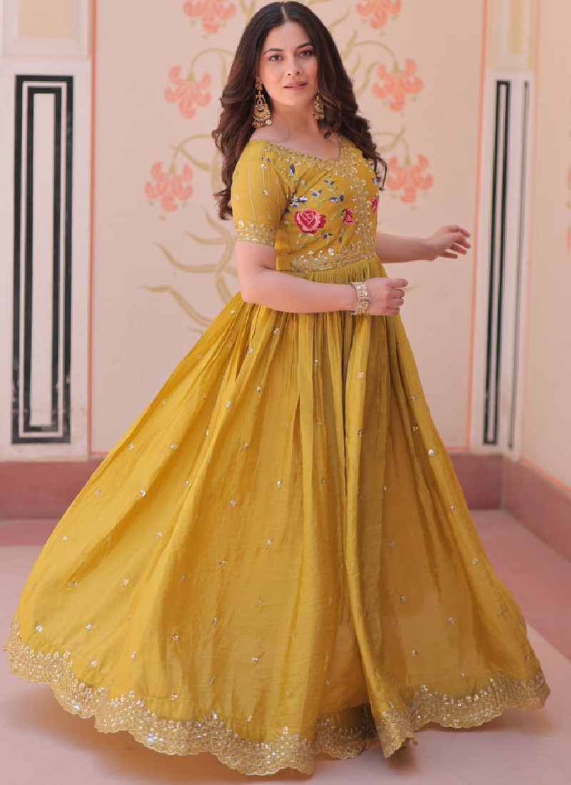 Latest Sequence Embroidered Tissue Silk Haldi Special Yellow Gown