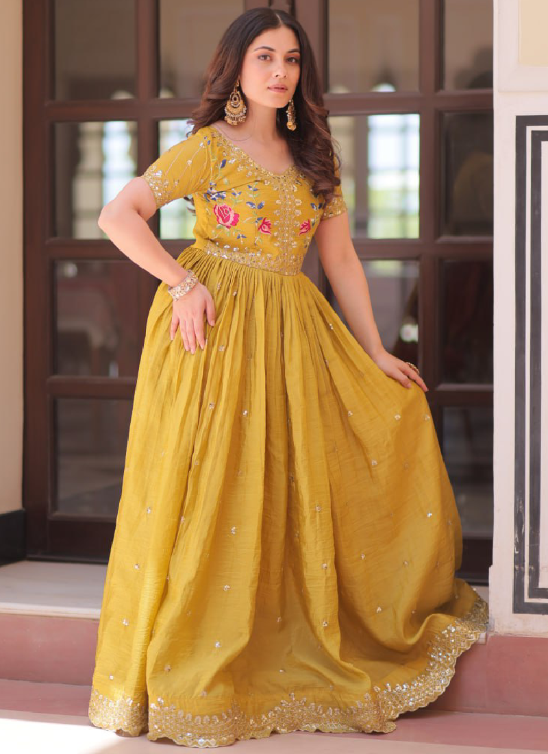 Latest Sequence Embroidered Tissue Silk Haldi Special Yellow Gown
