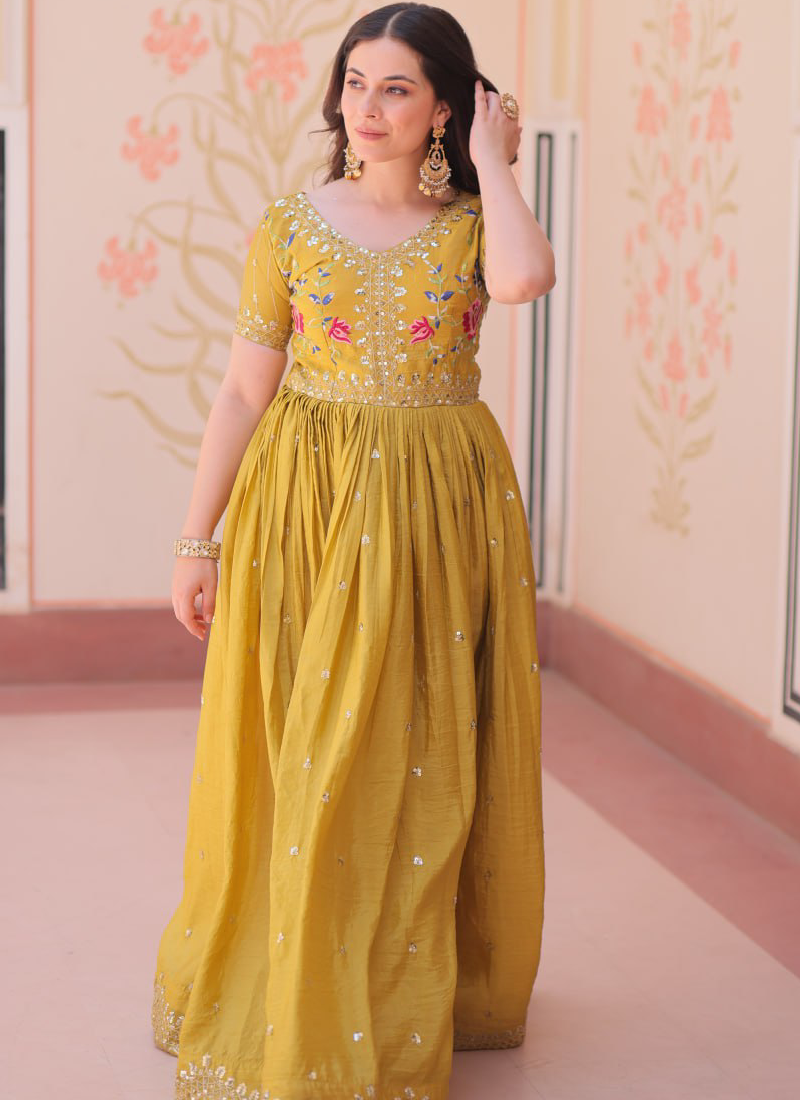 Latest Sequence Embroidered Tissue Silk Haldi Special Yellow Gown