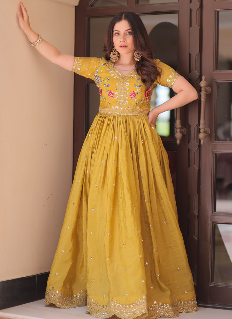 Latest Sequence Embroidered Tissue Silk Haldi Special Yellow Gown
