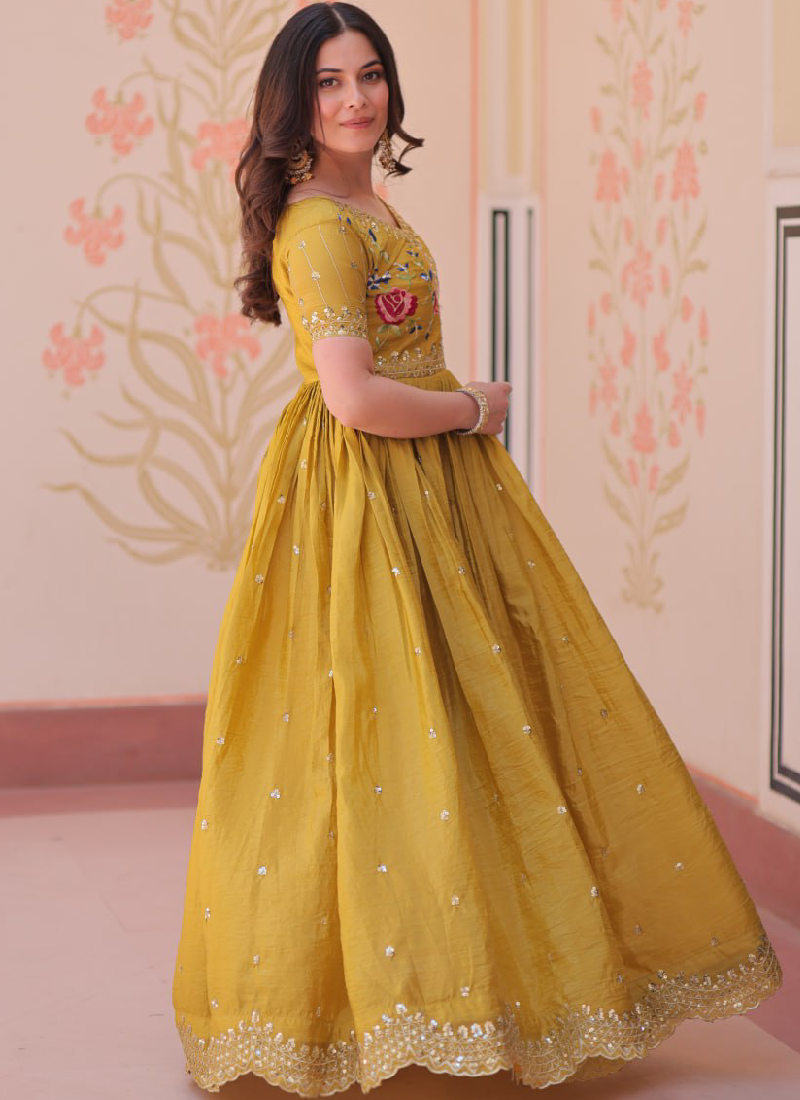 Latest Sequence Embroidered Tissue Silk Haldi Special Yellow Gown