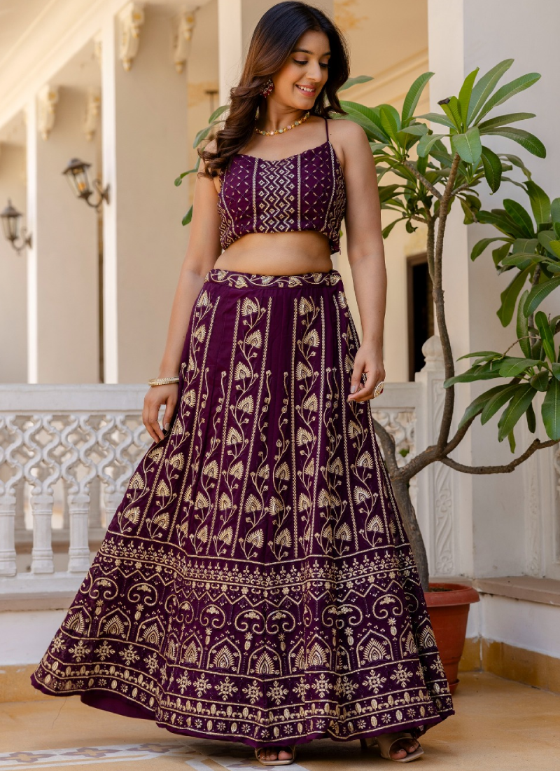 Latest Sequence Work Georgette Purple Reception Wear Lehenga Choli