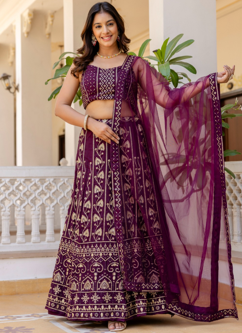 Latest Sequence Work Georgette Purple Reception Wear Lehenga Choli