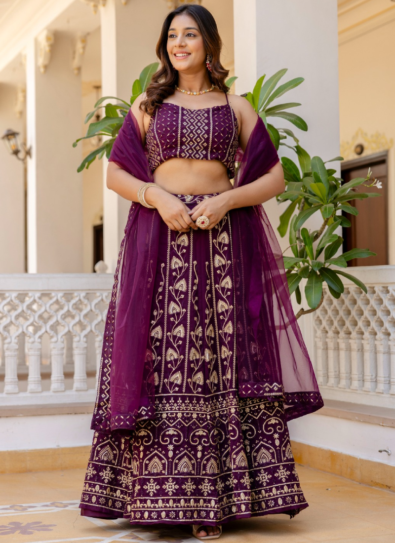 Latest Sequence Work Georgette Purple Reception Wear Lehenga Choli