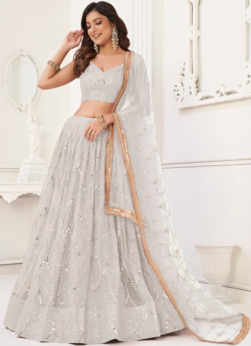 Latest Thread Embroidery Net Party Wear White Lehenga Choli