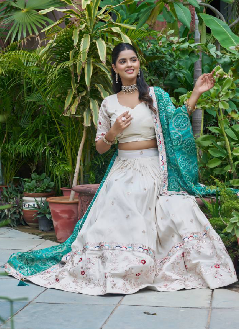 Latest Embroidered Tissue Silk Off White Lehenga Choli With Green Dupatta