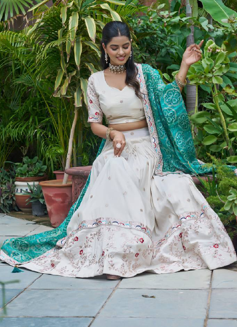 Latest Embroidered Tissue Silk Off White Lehenga Choli With Green Dupatta