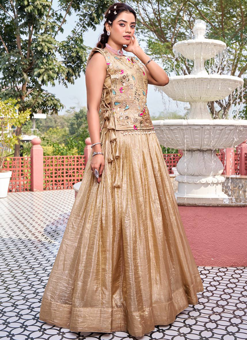 Latest Gold Crush Cream Thread Embroidered Indo Western Lehenga Choli