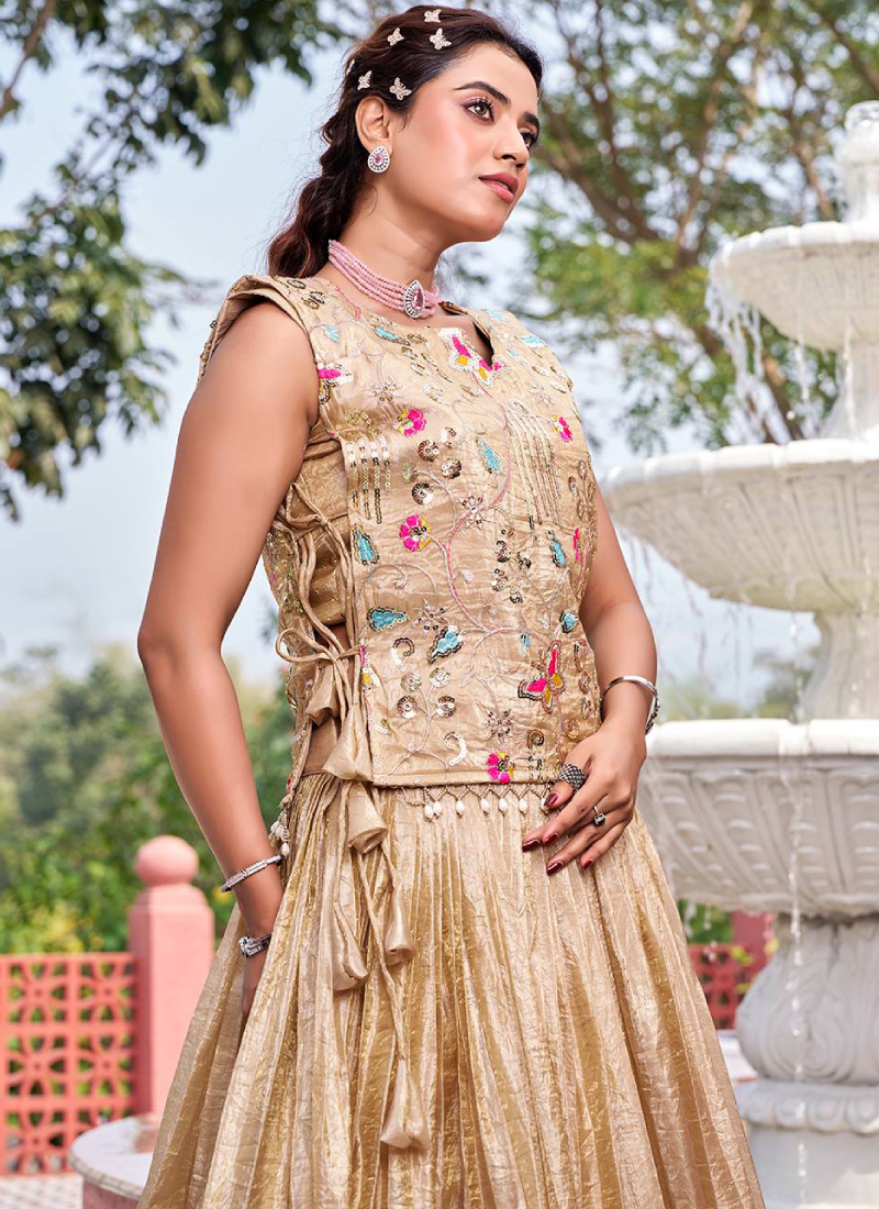 Latest Gold Crush Cream Thread Embroidered Indo Western Lehenga Choli
