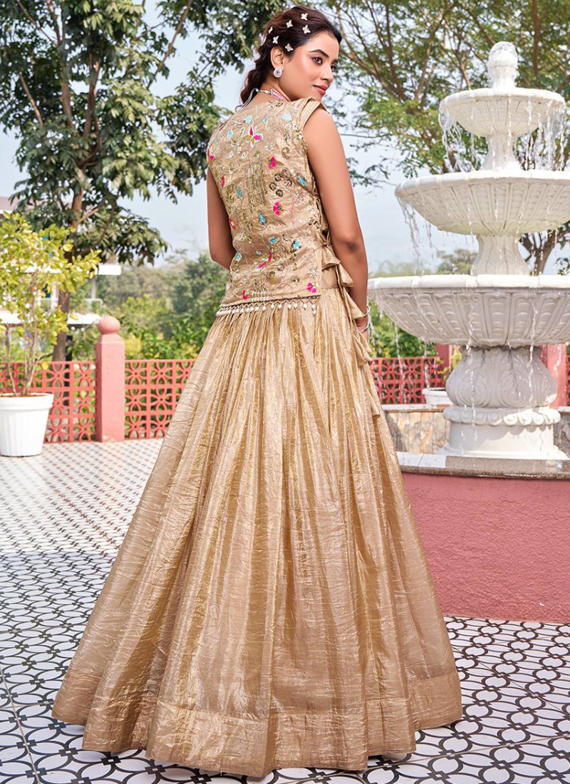Latest Gold Crush Cream Thread Embroidered Indo Western Lehenga Choli