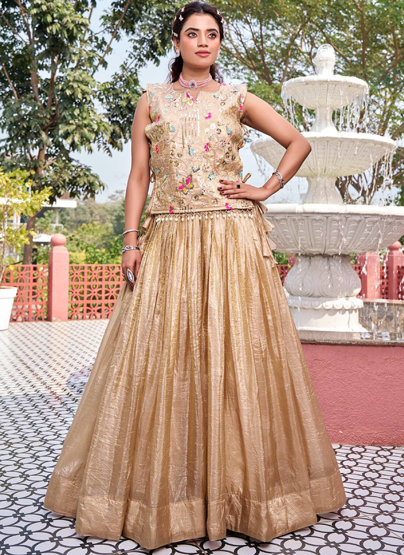 Latest Gold Crush Cream Thread Embroidered Indo Western Lehenga Choli