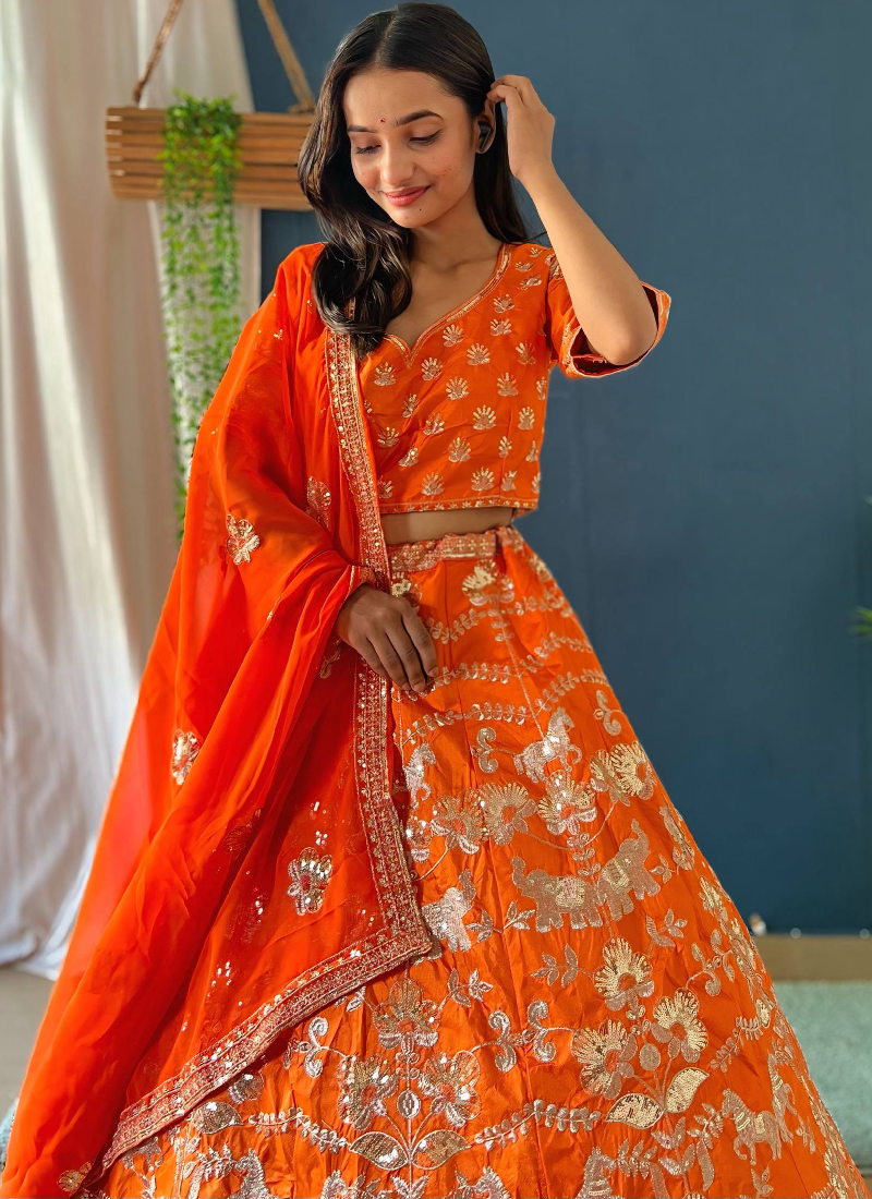 Latest Orange Silk Sequence Embroidered Work Wedding Lehenga Choli Set