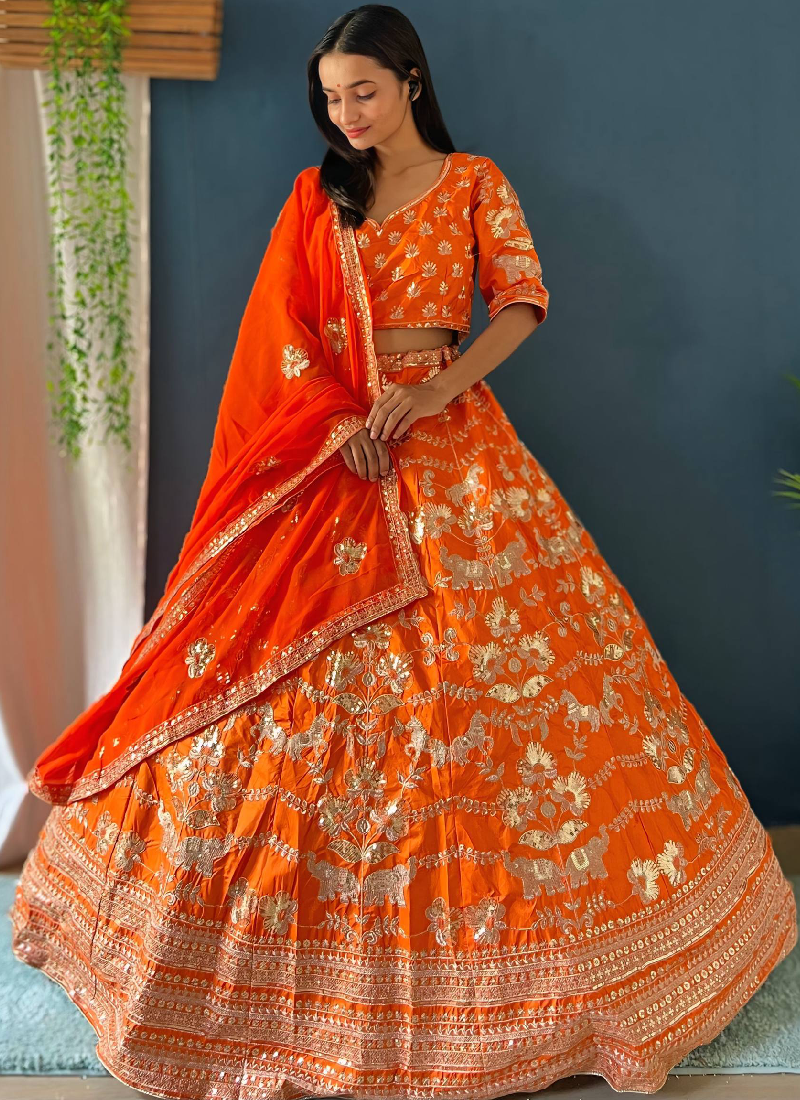 Latest Orange Silk Sequence Embroidered Work Wedding Lehenga Choli Set