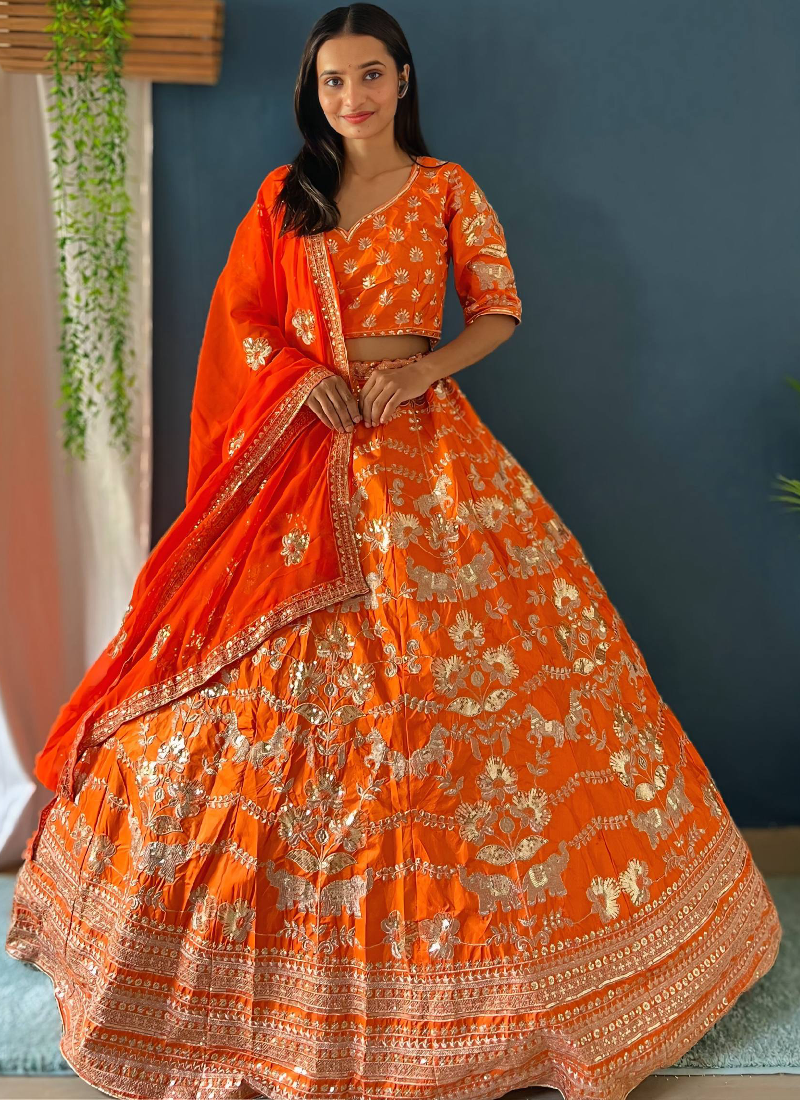 Latest Orange Silk Sequence Embroidered Work Wedding Lehenga Choli Set