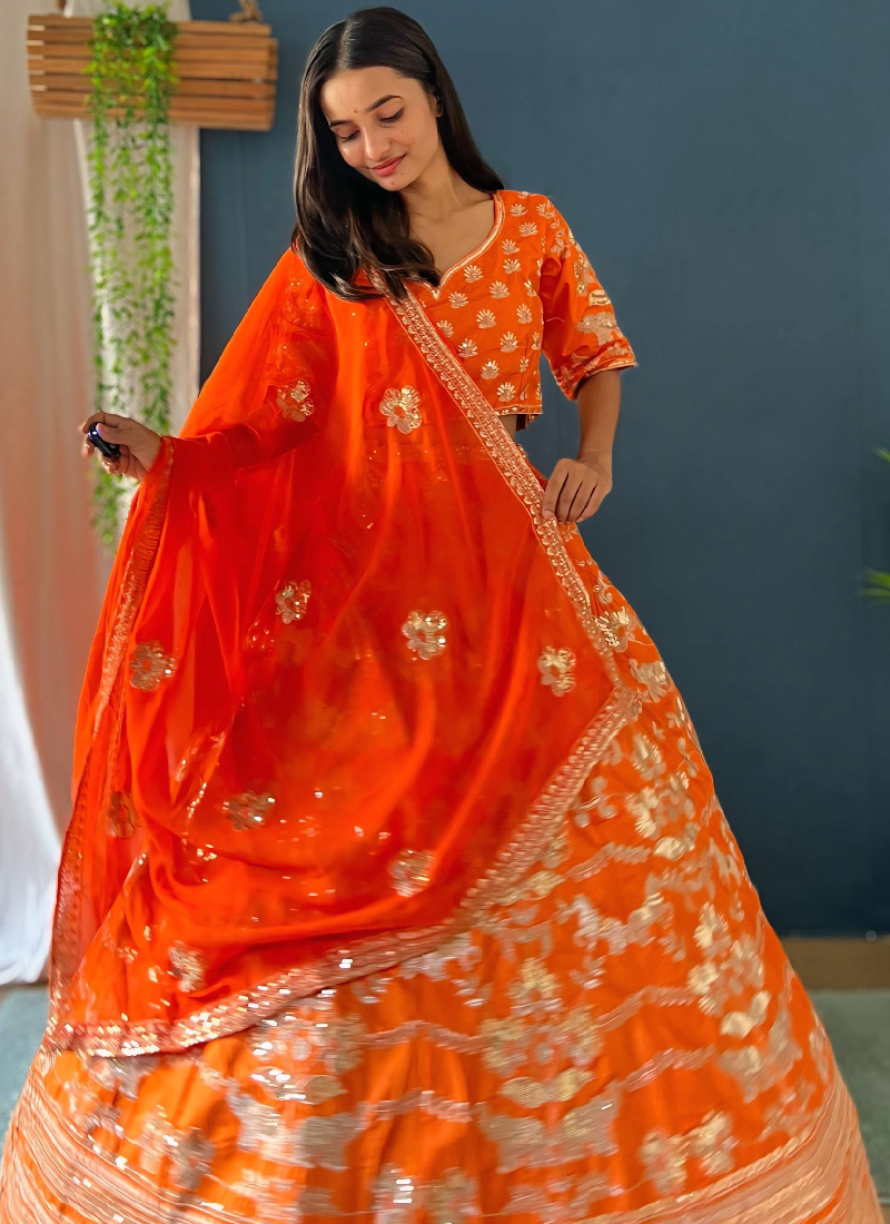 Latest Orange Silk Sequence Embroidered Work Wedding Lehenga Choli Set