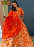 Latest Orange Silk Sequence Embroidered Work Wedding Lehenga Choli Set