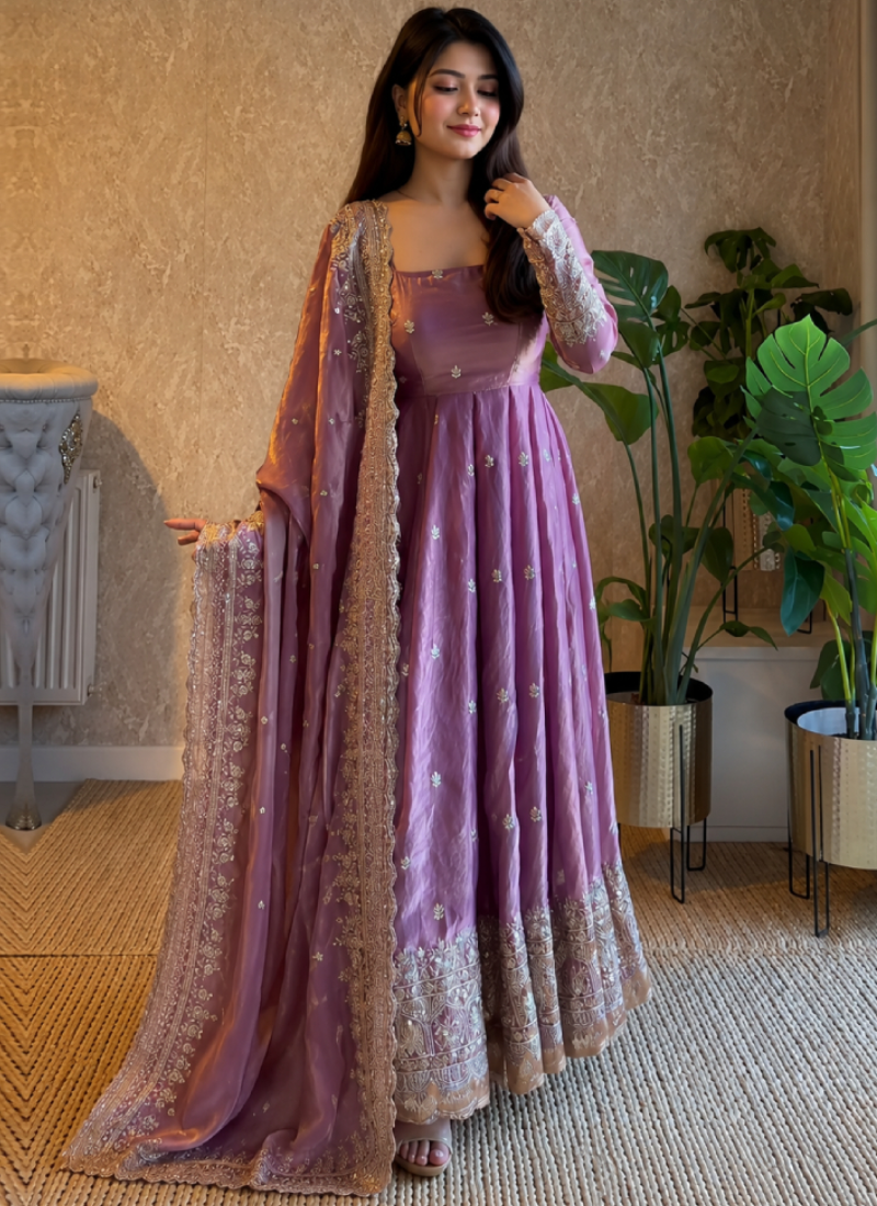 Lavender Fandy Satin Zari Sequence Embroidery Anarkali With Dupatta